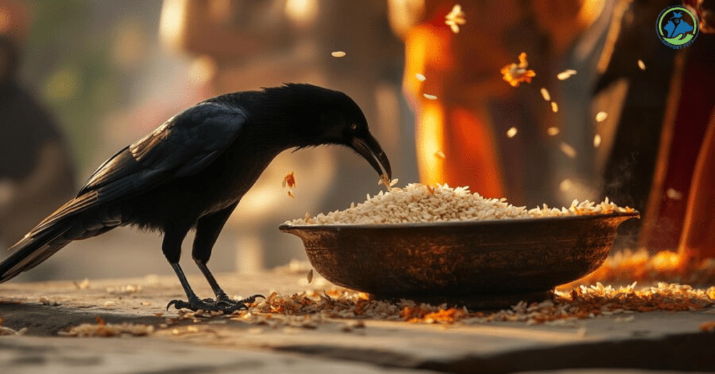 A close-up of a baby crow being fed by its parent, showcasing the nutritious food such as insects and fruits that baby crows eat for healthy growth.