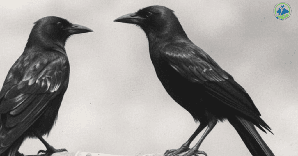 A historical image from the 1974 study, illustrating crows caring for adopted orphaned baby crows, highlighting their strong social structures and nurturing instincts.