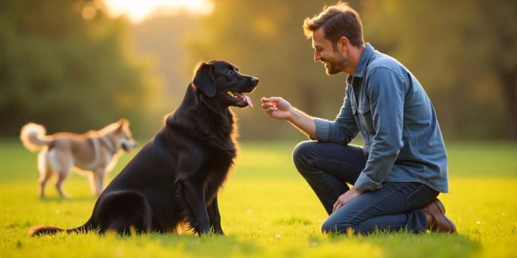 Black Golden Retriever sitting obediently on a grassy field during a sunny day with a male Caucasian trainer showing a treat, nearby other dogs playing in the background.