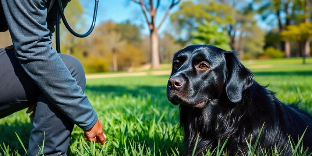 A black Golden Retriever sitting in a well-lit park surrounded by green grass, with a worried expression, showcasing its healthy shiny coat and alert eyes, while a veterinarian of Asian descent examines it with a stethoscope under clear blue skies.