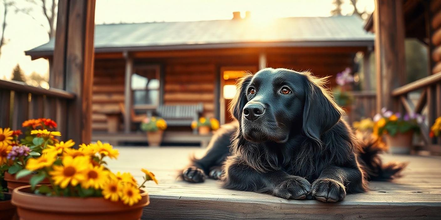 A Black Golden Retriever lying on a wooden porch, surrounded by potted flowers, with a cozy cabin in the background and soft evening light illuminating its features.