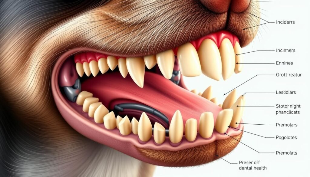 Detailed image of a dog's mouth showcasing different types of teeth and their arrangement, focusing on dental care for dogs.



