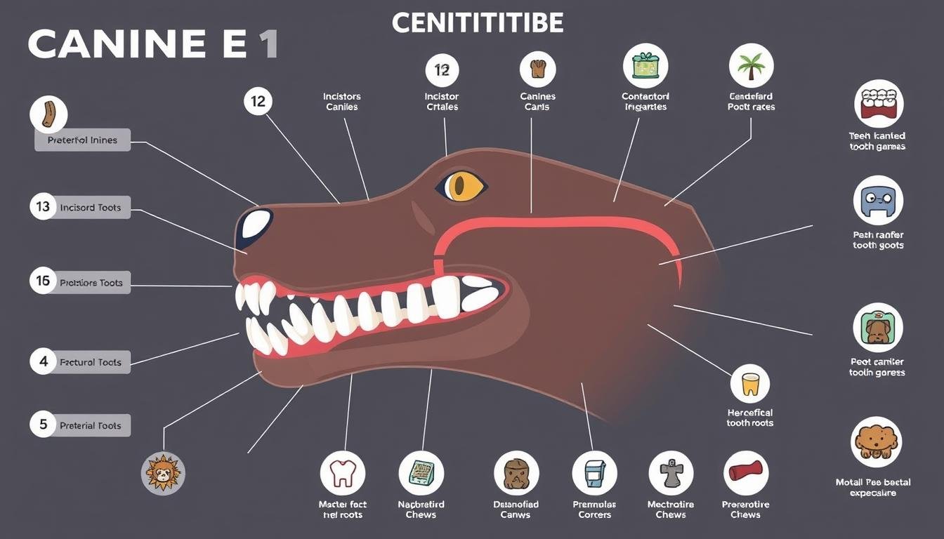 Colorful chart of dog teeth types with numbered labels and dental health tips, including a jaw cross-section view.