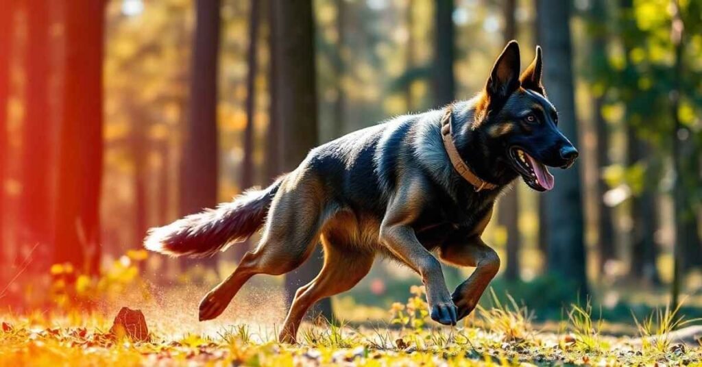 A Dutch Shepherd Malinois Mix running energetically through a sunlit forest, showcasing its powerful legs and perked-up ears.