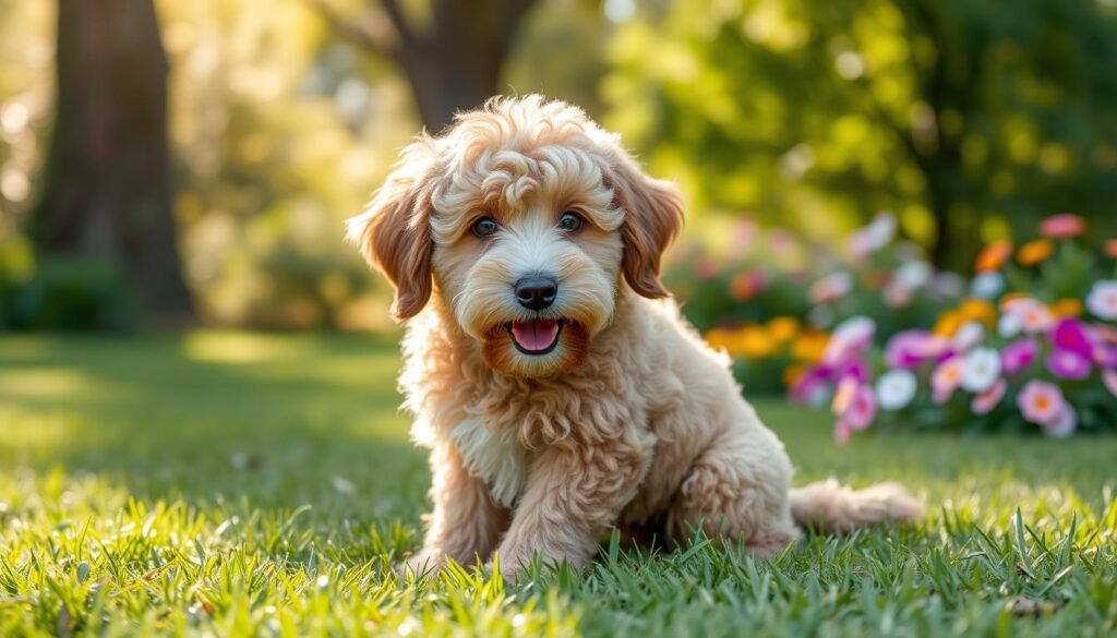 A Mini Australian Labradoodle with fluffy curls and a playful expression sits on a grassy lawn, surrounded by vibrant flowers and sunlight filtering through the trees, embodying the essence of a beloved family pet in a serene outdoor setting.