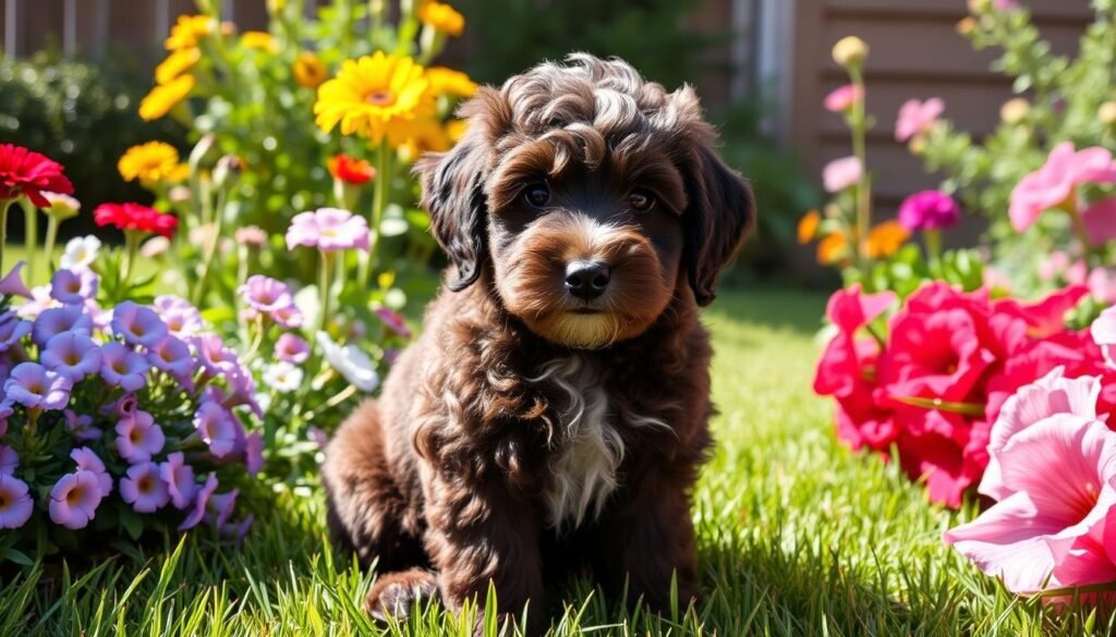 A Mini Australian Labradoodle with fluffy fur and expressive eyes sits in a sunny backyard filled with colorful flowers and green grass, embodying a playful and friendly demeanor.