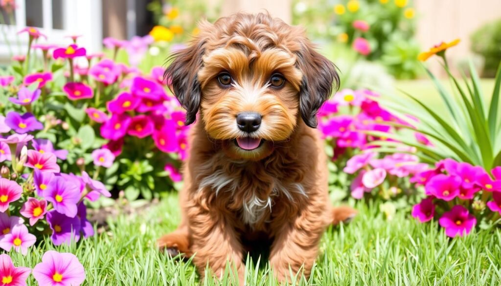 A Mini Australian Labradoodle with fluffy fur and big expressive eyes sits in a sunny yard, showcasing its friendly personality.