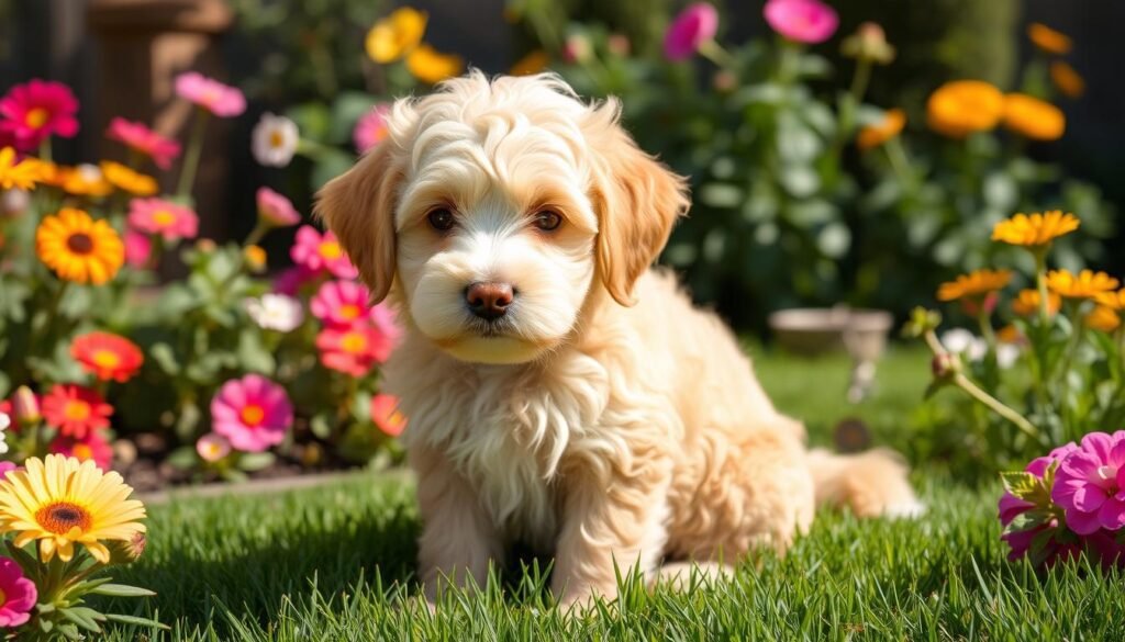 A Mini Australian Labradoodle with soft, wavy cream and caramel fur and bright, expressive eyes exudes warmth in a colorful garden setting.



