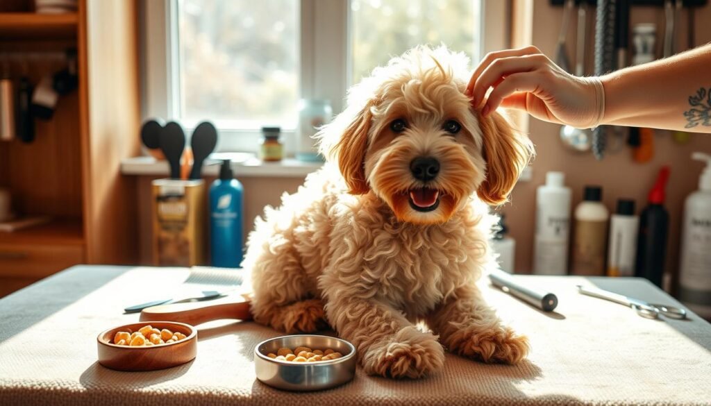 A Mini Australian Labradoodle with a fluffy, curly coat is gently brushed on a grooming table, surrounded by tools and a bowl of treats, capturing a warm family atmosphere.