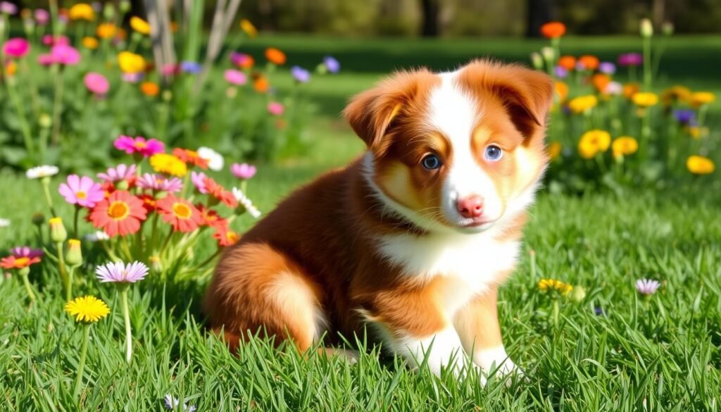 A cute red merle toy Australian Shepherd with striking patterned fur, bright blue eyes, and a playful expression, sitting in a lush green park surrounded by colorful wildflowers and sunshine, showcasing its compact size and lively personality.