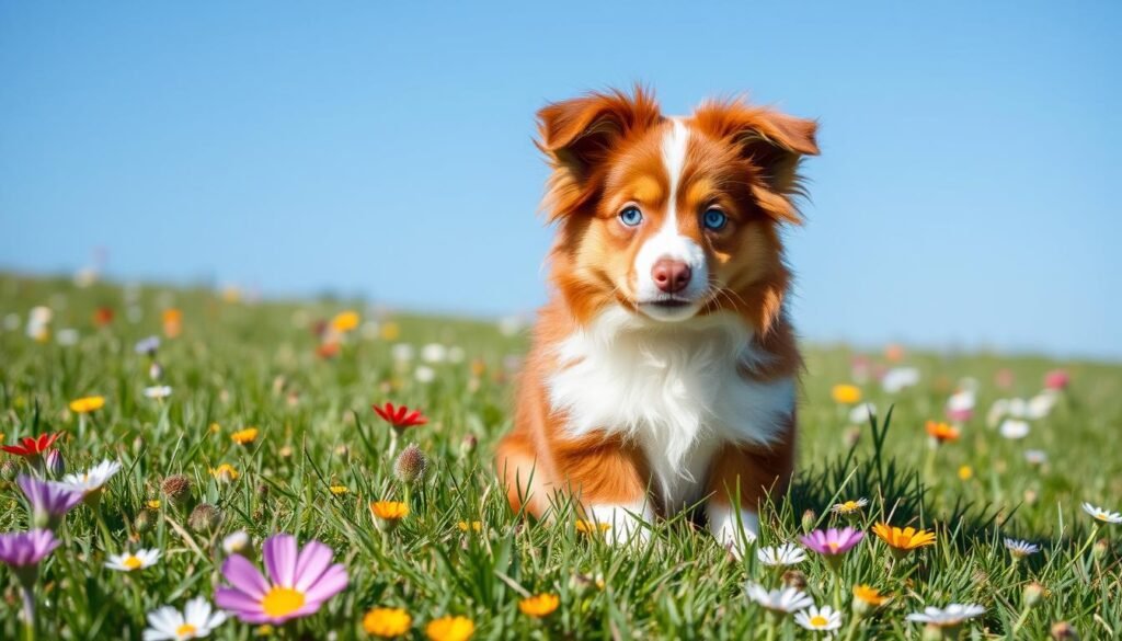  A red merle toy Australian Shepherd with a unique coat of red and cream sits in a grassy field filled with wildflowers, its bright blue eyes looking curiously. The scene is set under a clear blue sky.