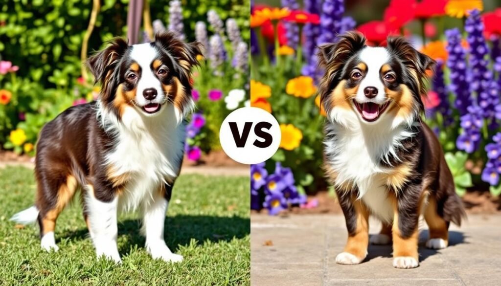 A larger Mini Australian Shepherd stands on the left, while a small, fluffy Toy Australian Shepherd sits on the right, both surrounded by lush greenery and blooming flowers.
