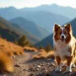 A Red Merle Toy Australian Shepherd standing proudly on a rocky mountain trail, with a panoramic view of a valley and distant mountains, its fur blending with the natural environment.