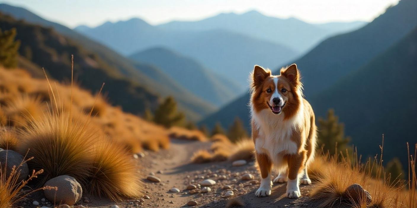 A Red Merle Toy Australian Shepherd standing proudly on a rocky mountain trail, with a panoramic view of a valley and distant mountains, its fur blending with the natural environment.