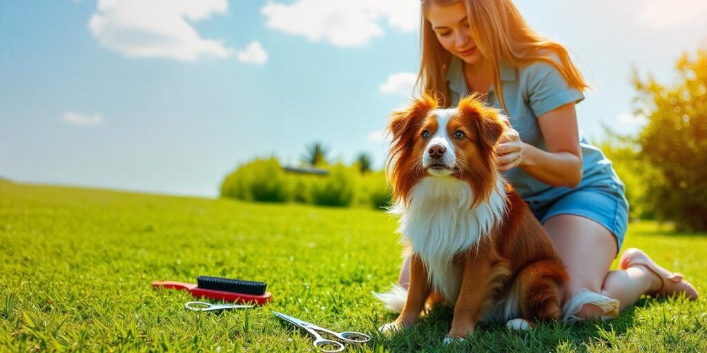 A Red Merle Toy Australian Shepherd sits on a green lawn, its slightly tangled fur surrounded by grooming tools like a brush and scissors. An Australian woman with long brown hair kneels beside the dog, wearing a blue shirt and denim shorts, showing grooming techniques under a sunny sky.