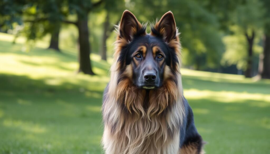 Long-haired German Shepherd standing majestically in a lush green park, sunlight filtering through the trees, showcasing its thick, flowing coat and expressive eyes, capturing the essence of a loyal and noble companion.