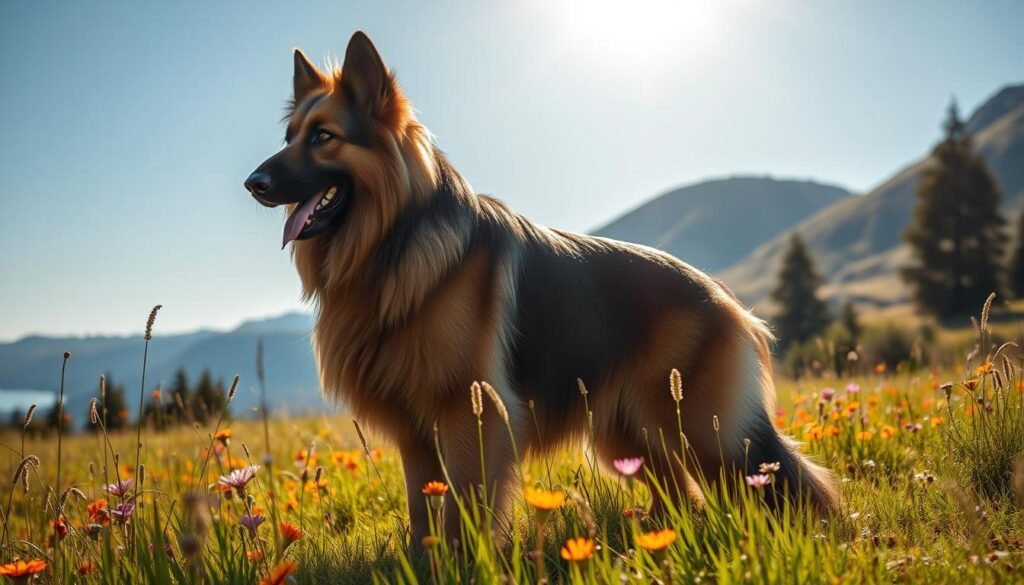 A majestic long-haired German Shepherd standing proudly in a sunlit meadow, its thick, flowing coat glistening in the light, surrounded by vibrant wildflowers and tall grass, with a backdrop of distant mountains and a clear blue sky.